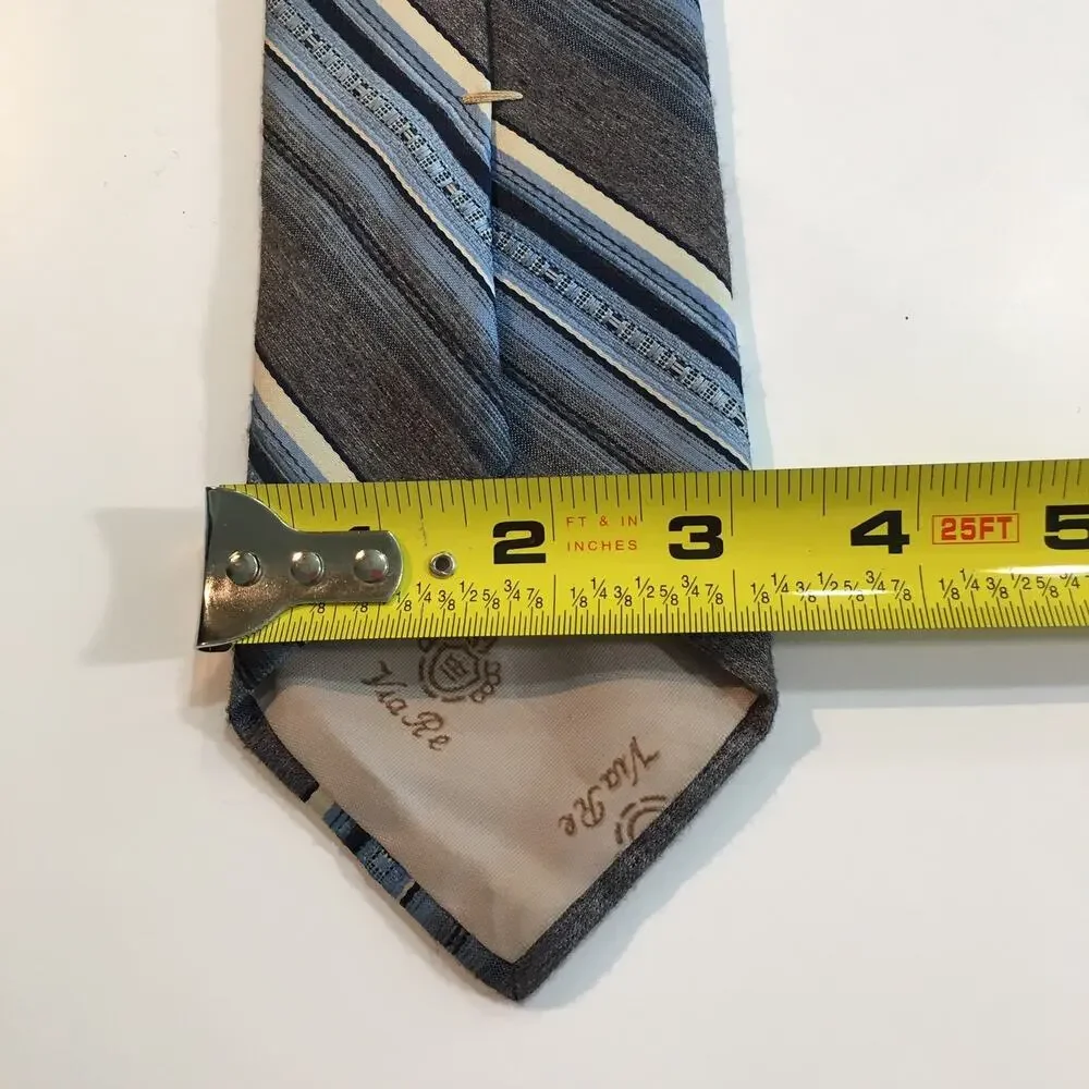 Via Re Mens Tie Blue Gray Brown White Striped Textured Necktie Embroidered Logo